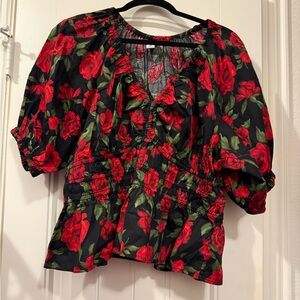 Boho Old Navy Rose Print Puff Sleeve Peplum Top Large